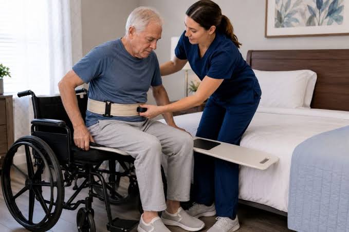 Home caregiver gripping the handle of a transfer gait belt while an elderly man walks with support