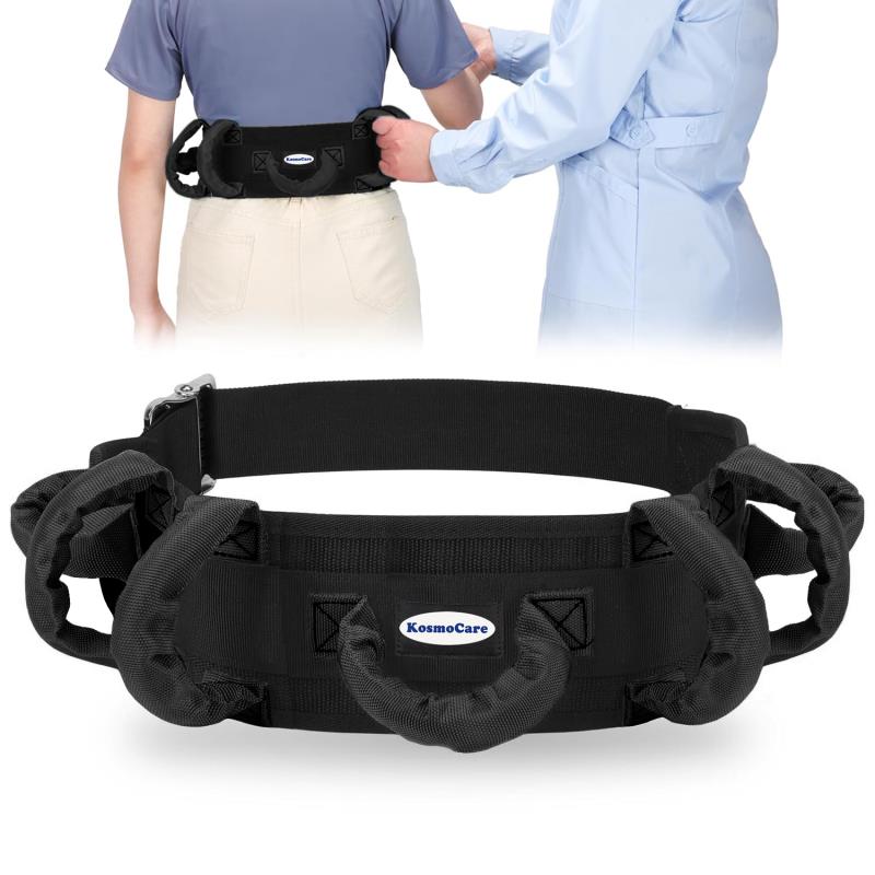Close-up of a nylon gait belt with metal buckle and multiple padded handles laid flat