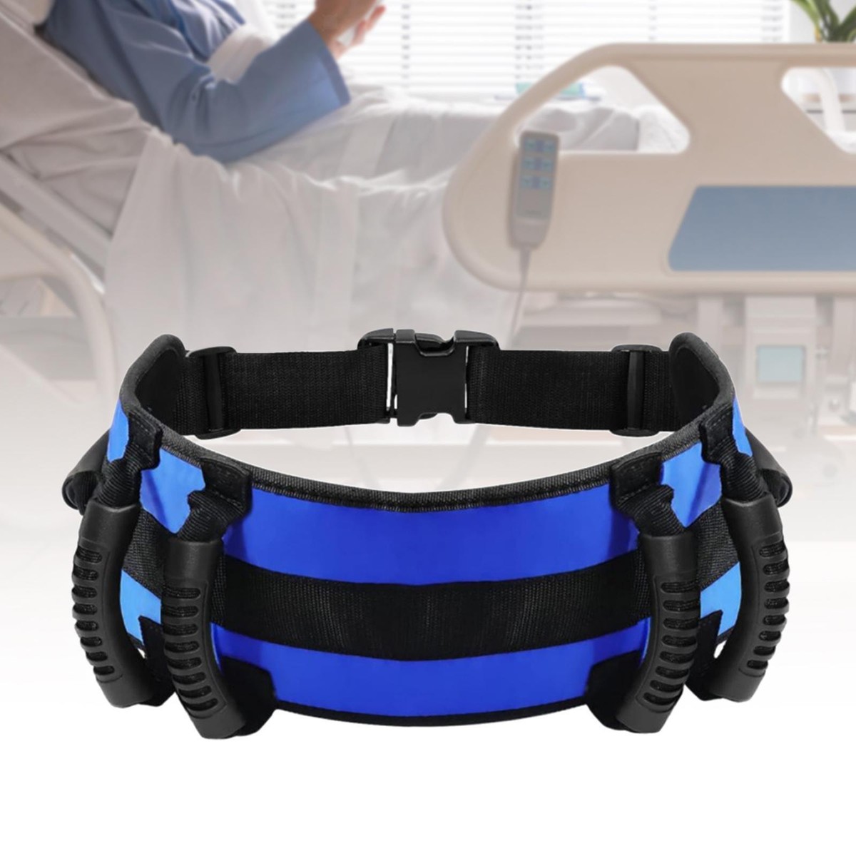 Caregiver using a transfer gait belt with padded handles to help an elderly woman stand from a chair
